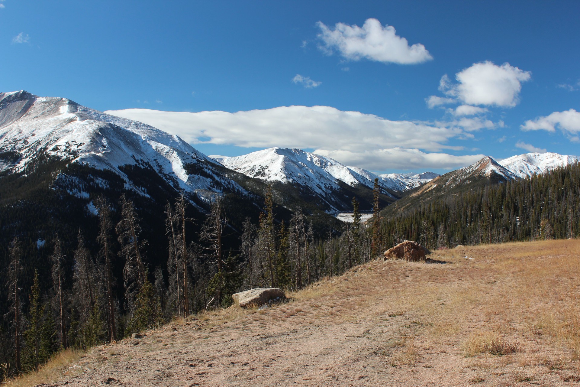 View of the snowcapped mountains from Berthoud Pass